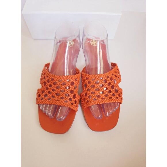 Tory Burch Orange Woven Braided Dessert Flower Leather Slip On Slide Sandals 10 - Picture 7 of 16